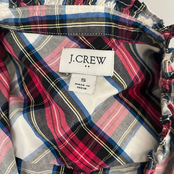 J.Crew Red Tartan Poplin Plaid Ruffle Neck Button-down Shirt size S EUC - Picture 5 of 6